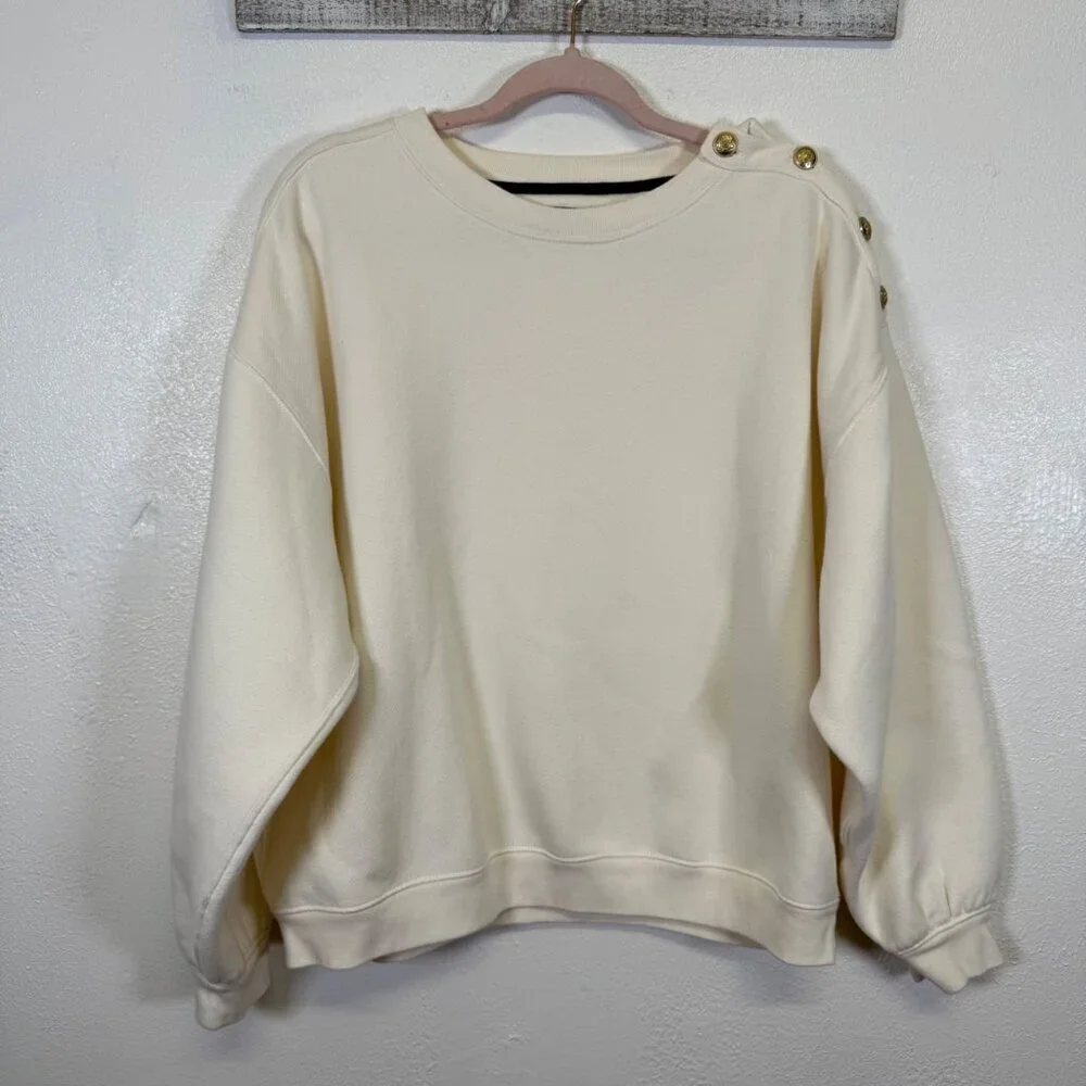 J. Crew Sweatshirt Womens XL Beige Cream Heritage Cropped Gold Buttons Oversized
